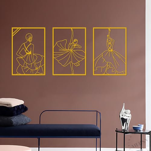ESTART 3-Stücke Metall Moderne Minimalistische Frau Wand Dekor Abstrakte Linie Zeichnung Weibliche Tänzer Einfache Linie Wandkunst Home Decor für Schlafzimmer Badezimmer Wohnzimmer Dance Room (Gold)