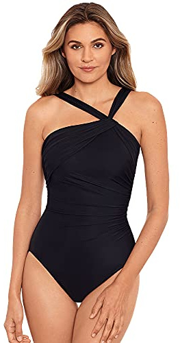 Miraclesuit Women's Swimwear Rock Solid Europa Asymmetrical Underwire Bra One Piece Swimsuit, Black, 10