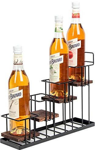 Coffee Syrup Organizer Rack, Rustic Wood and Metal Wire, 4-Tier Display Holder Coffee Station Bar Accessory for Syrup, Wine, Dressing Bottle Countertop Display Storage Stand for Kitchen - MK816A