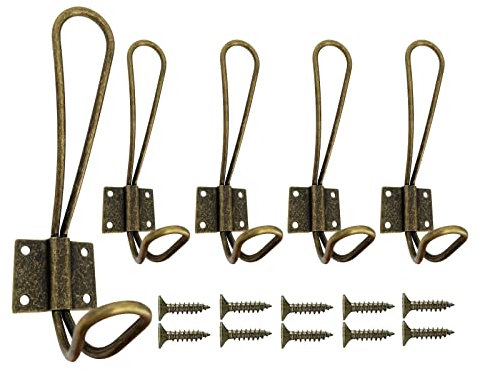 Beilala Wire Coat Hooks Bronze, 5 Pack Vintage Iron Wall Hooks Heavy Duty Double Metal Hangers with Screws for Coat, Jackets, Hats, Keys, Bags, Robes, Towels