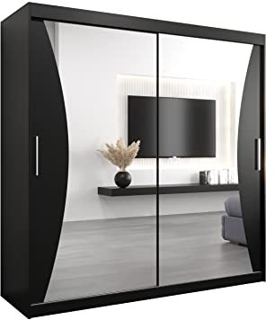 E- MEUBLES Armoire de Chambre avec 2 Portes coulissantes et Miroir, Penderie (Tringle) avec étagères (LxHxP): 200cmx200cmx62cm MEGRA Noir