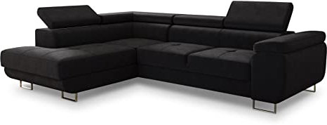 Ecksofa Caris mit Schlaffunktion und einstellbare Kopfstützen, Wohnlandschaft mit Bettkasten, Couch, Sofa, Bettsofa (Schwarz (Kronos 07), Ecksofa Links)