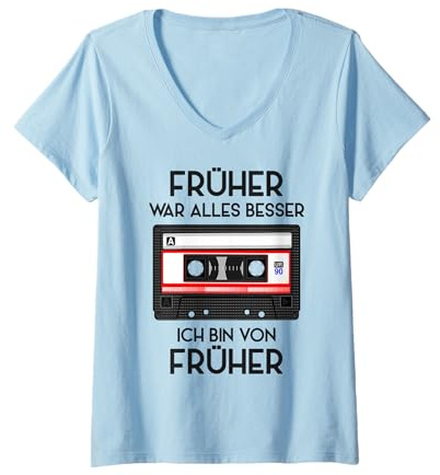 Damen Retro Kassette 80er 90er Jahre Party 90s Kostüm Verkleidung T-Shirt mit V-Ausschnitt