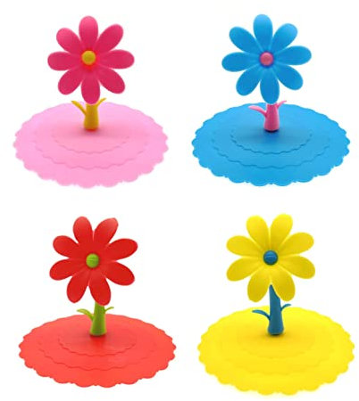JZK 4 Pcs Flower silicone mug cover 10cm, pink red yellow blue Silicone Glass Cup Lid, novelty Coffee Cup Covers, cute Coffee mug lid, tea cup lid, fun lid for glass Cup