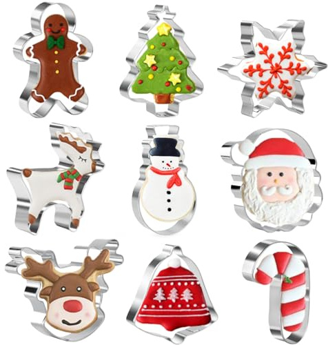 Christmas Cookie Cutters Set - 9 PCS Snowflake,Gingerbread Man,Christmas Tree,Snowman,Reindeer Head,Bell,Santa Face,Reindeer, Candy Cane Stainless Steel Cookie Cutter for Biscuit, Fondant