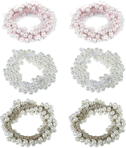 LEEQBCR 6 Stück Perlen Haargummi Armband Perlen Elastisches Haarseil Pearl Hair Scrunchie für Mädchen Dame Kinder - Weiß Rosa Champagner