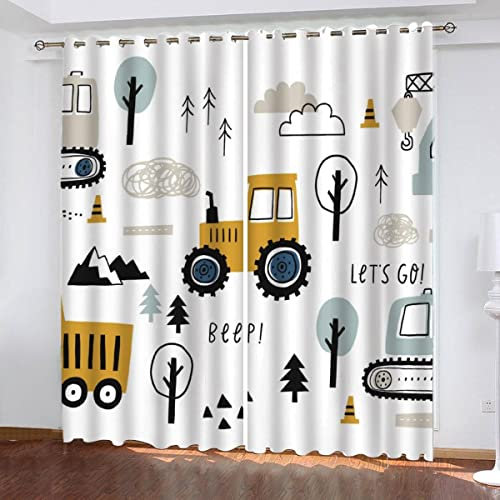 Zifarm 3D Blickdichte Vorhänge Cartoon-LKW Verdunkelungsvorhang mit ösen Polyester Drucken Vorhänge Auto Traktor für Kinderzimmer Jungen Mädchen Fenstervorhang 140x100 cm(BxH)