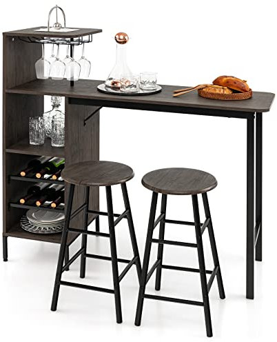 COSTWAY Set 3 Pezzi Tavolo e Sedie da Bar, Tavolo e Sgabelli da Pub Industriale con Porta Calici e 6 Portabottiglie da Vino, Set di Tavolo per Sala da Pranzo, Ristorante e Bar (Marrone)