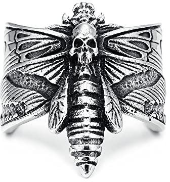 BlackAmazement 316L Edelstahl Ring Totenkopf Schmetterling Totenkopfschwärmer silber schwarz Gothic Biker Herren Damen (57 (18,1))