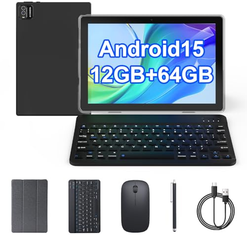 Tablet Android 15, 10 Pulgadas, Tablet 2 en 1 con Teclado, Funda para Ratón, Lápiz Táctil, 12 GB + 64 GB + 1 TB, Expandible, Computadora con Procesador Quad-Core de 1,8 GHz, Pantalla IPS HD Touch de