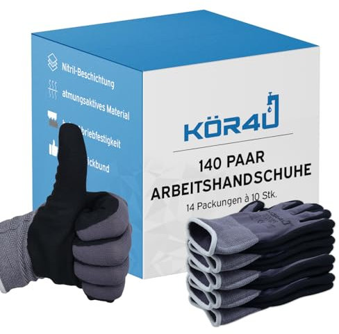 kör4u 140 Paar Arbeitshandschuhe Elite, atmungsaktiv und beschichtet, als Schutzhandschuhe, Gartenhandschuhe Damen und Mechaniker Handschuhe geeignet, hochwertige Nitril-Beschichtung, ölbeständig