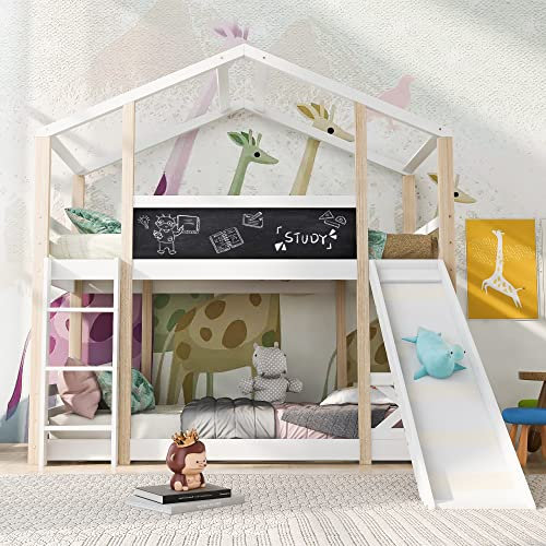 HESHU Kinderbett Etagenbett 90x200 cm, Hausbett mit Rutsche und Tafel, Hochbett für 2 Kinder, Funktionsbett Stockbett mit Lattenrost, Weiß+Natur, ohne Matratze