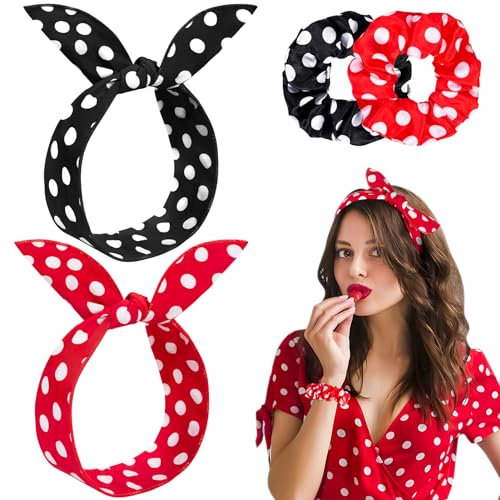 Kiiwah 4 Stück Haarschmuck Accessoire mit Polka Punkt fur Damen Mädchen, Satin Scrunchies Haargummi Invisibobble, Stirnbänder mit Einstellbar Draht, Vintage Haarband in Klassischer Rot und Schwarz