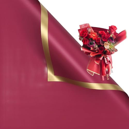 Corkwaw 20 fogli di carta da regalo con fiori rossi con bordo dorato, impermeabile, per San Valentino, 58 x 58 cm, per fai da te, confezioni regalo, confezioni per bouquet di fiori