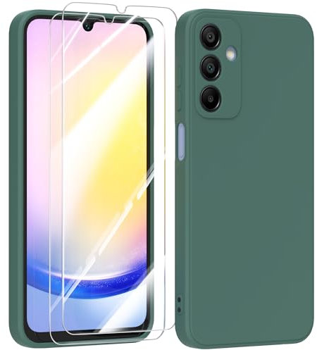 MIKULLE Silicone Coque pour Samsung Galaxy A25 5G avec 2 Verre trempé Protection écran,Couleur Pastel Ultra-Mince Souple en TPU en Silicone Antichoc Bumper Housse - Vert foncé