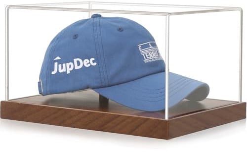 JupDec Hat Display Case, Clear Acrylic Baseball Cap Display Box Stand, UV Protection Signed Hat Transparent Showcase with Solid Wood Base Risers & Hat Shaper, Ideal Gift for Caps Collector
