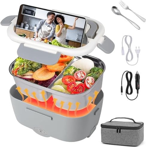 80W Elektrische Lunchbox Speisenwärmer Auto 3 In 1(12V/24V/220V) mit Gabel Löffel Abnehmbare Edelstahl Heizungs Lunchbox Elektrisch Brotdose Tragbarer Warmhaltebehälter für LKW Haushalt Camping