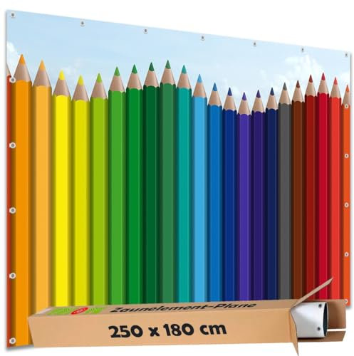 TRIOSK Sichtschutz Garten Dekoration Plane groß mit Motiv Buntstifte Regenbogen Motivbanner Blickdicht für Zaun Doppelstabmatten Zaunelement Gartenzaun Zaunblende PVC 250x180 cm Bunt