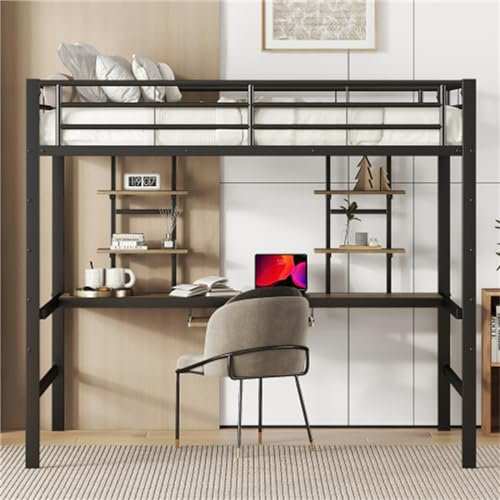 Multifunktionales Kinderbett, Hochbett, Kinderbett mit Treppe, Metall-Hängebettgestell mit Schreibtisch, mit Zwei Bücherregalen, mit Absturzsicherungsgeländer, Schwarz.(Size:140 x 200 cm)