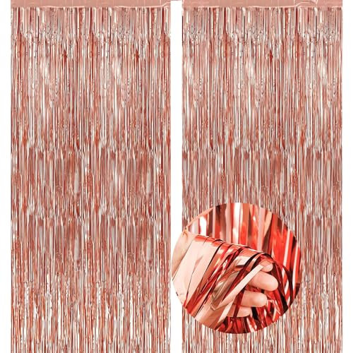 iefoah Rose Gold Foil Fringe Curtains 2 Pack 3.3ft x 8.2ft Tinsel Streamers Fringe Backdrop Curtains for Birthday Party, Graduation, Baby Shower, Wedding, Disco Party Decor
