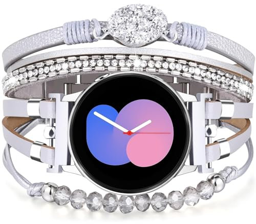 VISOOM Compatible with Samsung Galaxy Watch 7 FE 6 5 4 Strap, Women Cute Multilayer Wrap Beaded Boho Leather Watch Band for Galaxy Watch 40mm 44mm/Classic 43mm 47mm 42mm 46mm/5 Pro 45mm,Silver