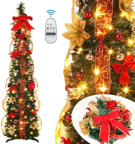 Alupssuc 6.5FT Pop Up Christmas Tree with Lights, Pre-Lit Christmas Tree with 100 Warm White & Multi-Color Lights, Xmas Tree with Xmas Balls, Bows and Flowers Decorations, 8 Light Modes, Easy Assembly