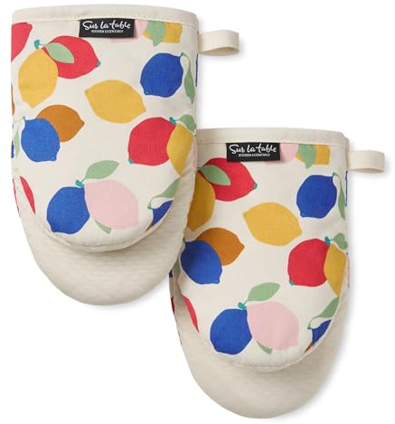 SUR LA TABLE Kitchen Essentials Lemon Zest Citrus Fruit Mini Oven Mitt 2-Pack Set, Heat Resistant, 100% Cotton, Flexible Non-Slip Silicone Grip, Yellow/Blue/Ivory, 5.5x8