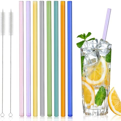8Pcs Straight Glass Drinking Straws, 20cm Multicolour Glass Straws Reusable, Glass Straws Shatter Resistant, Bubble Tea Straws Glass with 2 Cleaning Brushes, Glass Boba Straws for Tea Milk Coffee