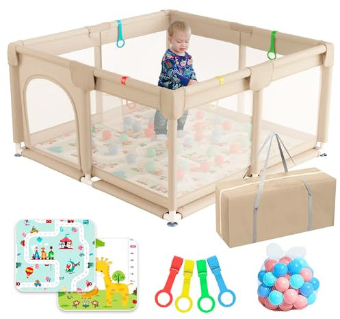 JUPPLIES Parque Infantil Bebe 120x120cm + Alfombra Bebe + 50 Bolas + Bolsas de Transporte – Corralito Bebe con Malla Transpirable – Parque de Juegos Bebe – Playpen Bebe - (Beige)