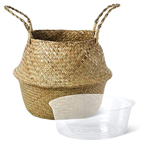 Persistence Plant Basket with Liner, Woven Seagrass Belly Baskets, Decorate,Storage Laundry Picnic Grocery Straw Bag