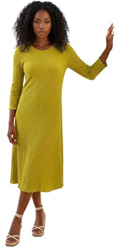 Roman Textured A-Line Stretch Midi Dress for Women UK - Ladies Autumn Everyday Winter Holiday Round Neckline Comfy 3/4 Sleeve Soft Jersey Frock Warm Cozy Gowns - Green - Size 10