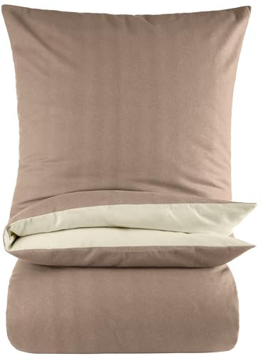 BaSaTex Biber Uni Bettwäsche Set - Bettbezug 135x200 + 80x80 Kissenbezug - kuschelige warme Winter Flausch Bettgarnitur - Taupe Natur