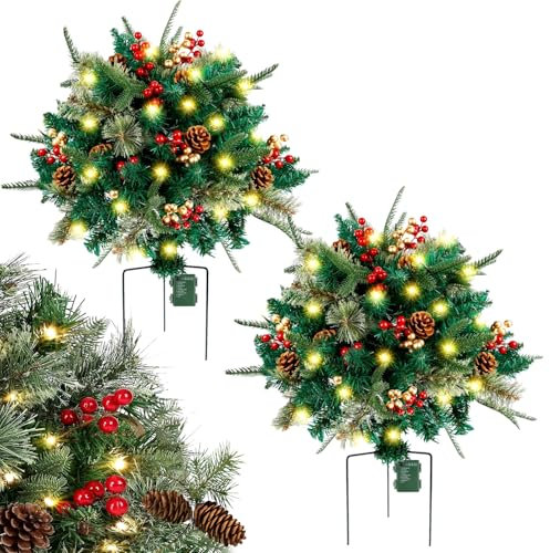 Topsworth Pre-lit Planter Bushes, Christmas Pot Fillers Outdoor Front Porch, Pre-Lit Artificial Christmas Tree Feel Real Urn Filler, Holiday Planter Filler with Lights (2 Pack,16 inch)