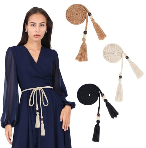 NICENEEDED 3 pz Cintura Intrecciata con Nappe Sottili da Donna, Cinture in Corda Intrecciata Sottile con Cinturino Intrecciato Boho, Catena con Nappa Intrecciata