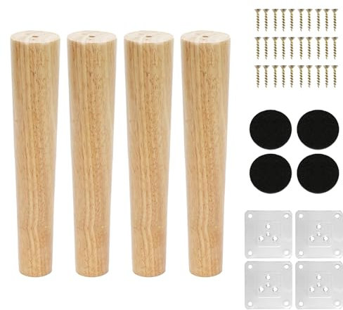 KINDPMA 4 Piezas 25cm Patas para Muebles Madera Roble Cónicas Patas de Mesa de Madera Patas para Sofas con Tornillos y Placa de Montaje para Cama,Sillón,Gabinete de TV, Armario