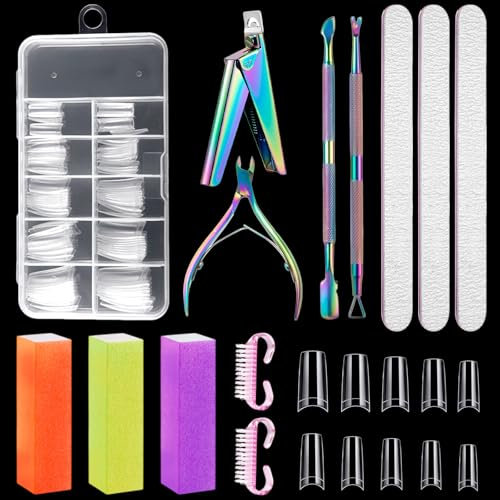 Jortmrd 112er Set Nageltips für Gelnägel Nail Tips Künstliche Nägel Acryl Fake Nägel Tipps mit Nagelknipser Nagelfeile Nagelpuffer Block Nagelbürste Nagelhautschieber Sarg Falsche Nagelspitzen
