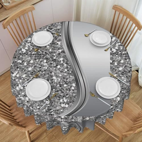 Silberner Glamour mit Kunstglitzer,Waschbare, faltenfreie Tischdecke für Picknick, Camping, Party, Essen, runde Tischdecke 60 Zoll