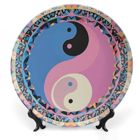 LPSADGF Dekorative Keramikteller für Display, Yin-Yang-Muster, Kunstdekor-Teller, Bohemian-Stil, Speiseteller mit Präsentationsständer, Knochenporzellan, dekorative Teller für Heimdekoration, 20,3 cm