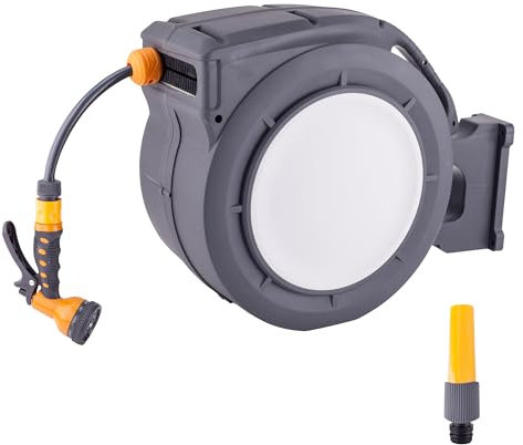 Thanaddo Wand Schlauchtrommel Wand-Schlauchbox 30m, 180° Schwenkbar flexible Bewässerung für große Garten, Wandbefestigung mit Multibrause und Anschlussschlauch