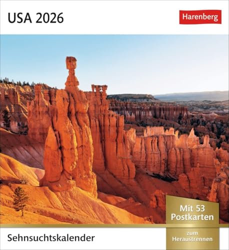 Sehnsuchtskalender USA - Kalender 2026 - Harenberg-Verlag - Postkartenkalender mit 53 heraustrennbaren Postkarten - 16 cm x 17,5 cm