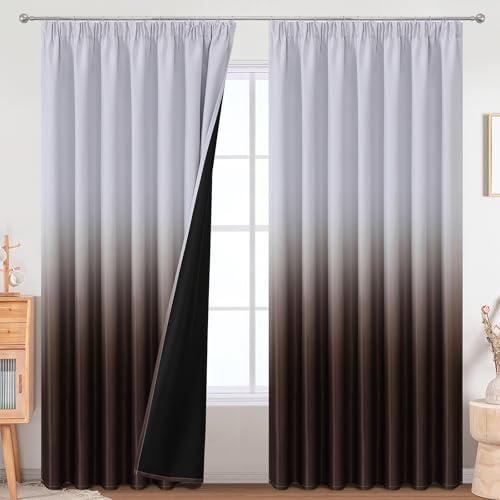 VEHEDE Große Blackout Vorhänge 229cm Länge, Extra Breite Große Thermisch Isolierte Braun und Weiß Ombre Vorhang für Schlafzimmer, Gradient Lärm Reduzierende Vorhänge für Wohnzimmer, H229 x B229 cm