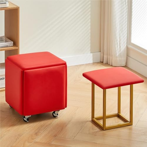 JingNian 5 in 1 Nesting Hocker Fußstütze Hocker, Würfel Sitz Stapelbarer Fußhocker mit Rädern für Schlafzimmer Wohnheim(Red,38cm)
