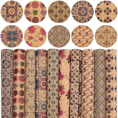 CALFOVERA 10 Stil 32 x 20cm Farbige Kork PU Lederimitat Lederplatten Kunstleder Blätter Dünner Weicher Stoff Natürliche Textur Holzmaserung Leder Blumenmuster Boho Synthetisches Retro Kunstleder Verpa