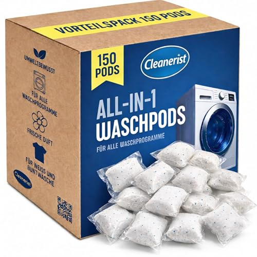 Cleanerist | All-in-1 Waschmittel Pods Caps – 150 Universal-Tabs (3kg) Pulver gefüllt, schnell löslich, für Weiß- Bunt- Kochwäsche – Frischer Duft – Made in Germany