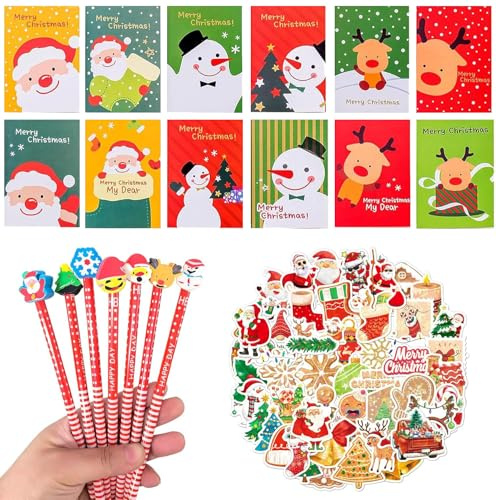 AMSNINK Weihnachten Bleistifte Set, 24 Stifte mit Radiergummi, 12 Notizbücher, 50 Sticker, Karikatur Weihnachts-Motive, Weihnachtsgeschenke Kleinigkeiten, Mini Geschenke für Adventskalender