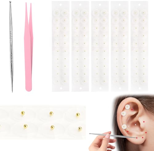 Ohrsamen Ohr Aufkleber-Set, Ohrring-stützpflaster, Ohrsamen Akupunktur, Ear Seeds, Ohrmassage Aufkleber Unsichtbare Stabilisatoren, Ohrsamen Akupressur-Set für Mehrere Beschwerden (Gold100Pcs)