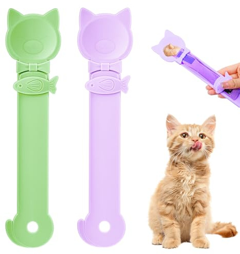 2Pcs Cat Treat Spoons Set, Lickable Cat Treat Spoon Sliding Squeeze Cats Strip Feeder Spoon Multi-Function Treats Dispenser Easy Feeding Spoons for Pets Wet Food & Puree (Purple, Green)