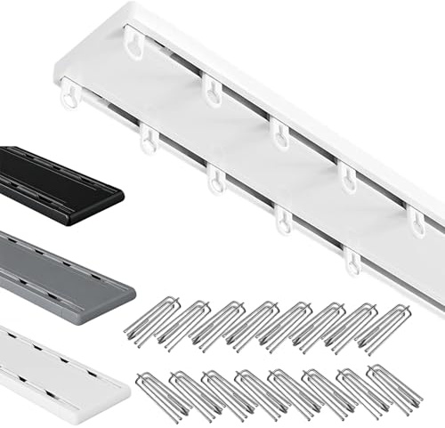 Gardinenschiene Vorhangschiene 2 läufig Decke, Doppelreihige Gardinenstange aus Aluminium, Schwerlastfähig Vorhangstange für Raumteiler Büro und Krankenhaus Komplettes Zubehör 50-600cm(Weiß,330cm)