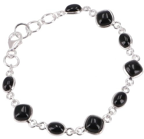 GURU SHOP Indisches Boho Silber Armband, Edelsteinarmband, 925 Silber, Onyx | Filigrane Fassung, flexible Länge 16,5-20 cm, eleganter Boho-Stil, leuchtende Amethyste, einzigartiges Schmuckstück