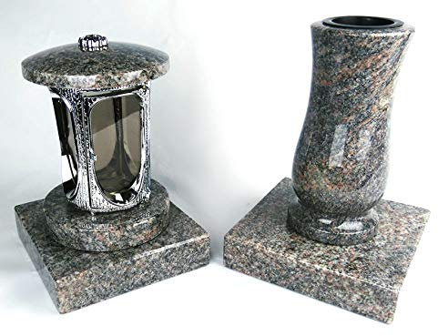 designgrab Grablampe aus verchromtem Aluminium und Grabvase und 2 Stück Sockel eckig in Granit Himalaya